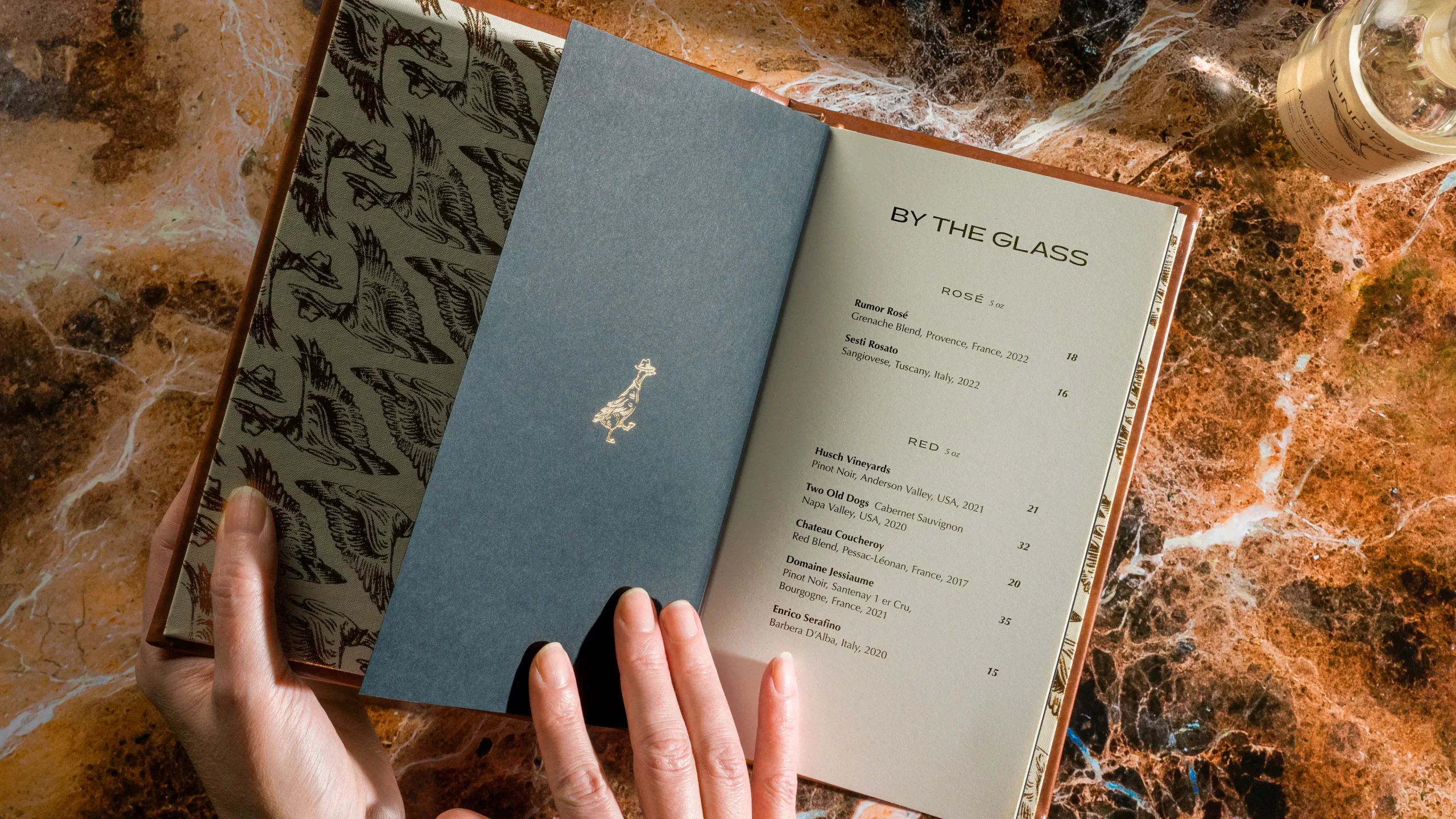 Blind Duck menu interior detail.
